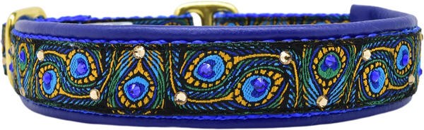 Strut Your Stuff peacock feather European-crystal limited slip dog collar with blue and topaz crystals on royal blue leather.