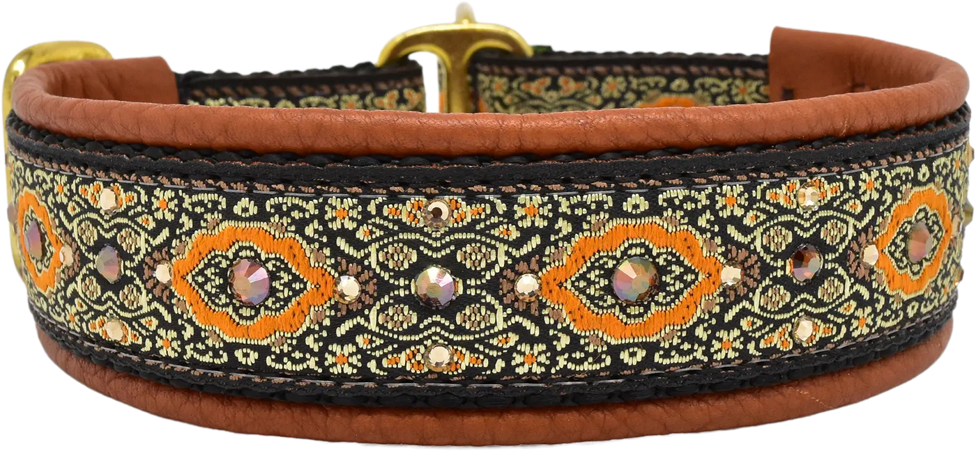 Terracotta Bulgaria orange scroll European-crystal limited slip dog collar with smoked topaz crystals on terracotta leather.