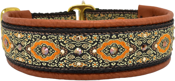 Terracotta Bulgaria orange scroll European-crystal limited slip dog collar with smoked topaz crystals on terracotta leather.
