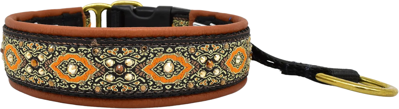 Terracotta Bulgaria orange scroll European-crystal hidden prong collar with smoked topaz crystals on terracotta leather.