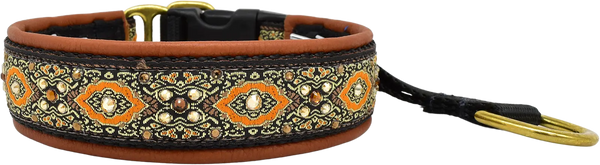Terracotta Bulgaria orange scroll European-crystal hidden prong collar with smoked topaz crystals on terracotta leather.