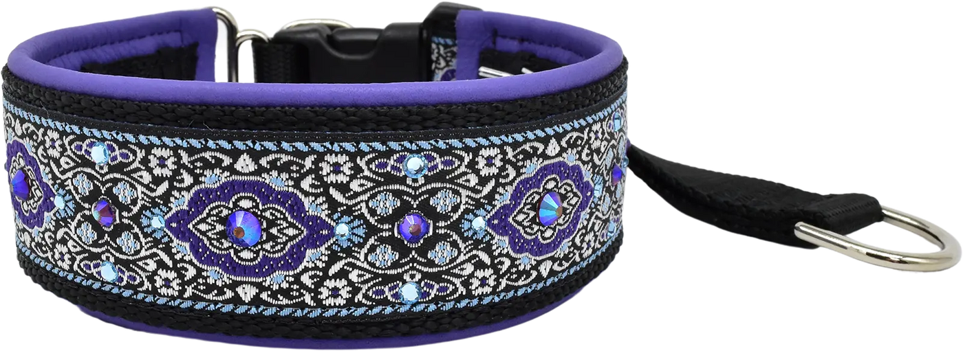 Purple Bulgaria black and silver ornate diamond European-crystal hidden prong collar with aqua and amethyst crystals.