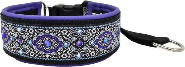 Purple Bulgaria black and silver ornate diamond European-crystal hidden prong collar with aqua and amethyst crystals.