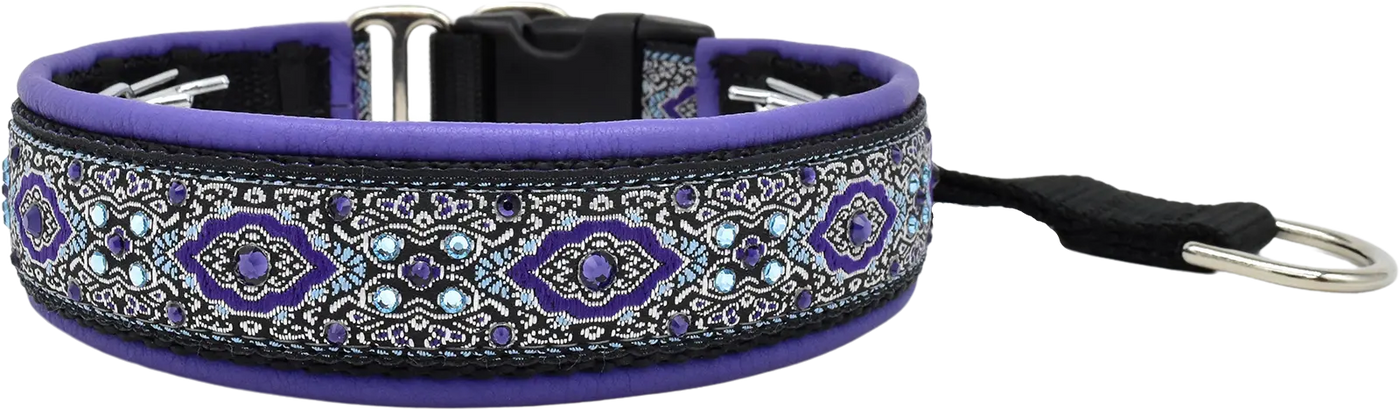 Purple Bulgaria black and silver ornate diamond European-crystal hidden prong collar with aqua and amethyst crystals.