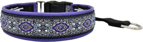 Purple Bulgaria black and silver ornate diamond European-crystal hidden prong collar with aqua and amethyst crystals.