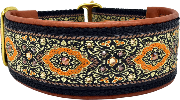 Terracotta Bulgaria orange scroll European-crystal limited slip dog collar with smoked topaz crystals on terracotta leather.