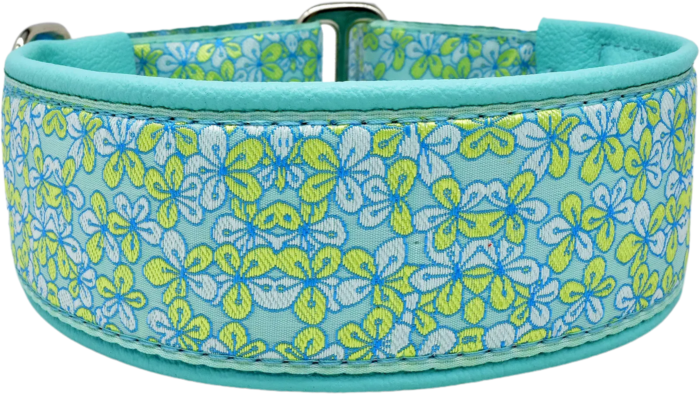 1.5" Secret Garden Elite Limited Slip Collar for dogs, Aqua leather lining, handmade in the USA by Fuzzywumpets.