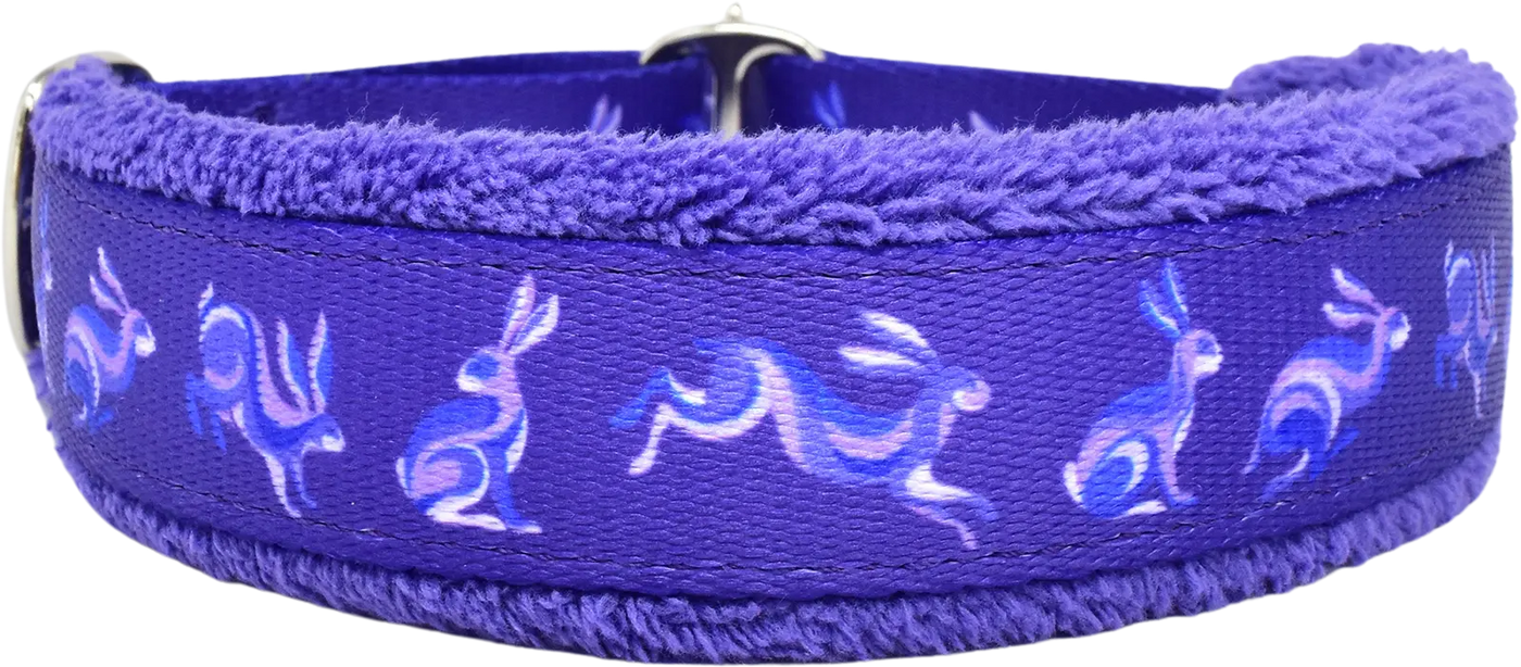 Groovy Rabbits purple ribbon with white leaping rabbits fleece-lined martingale-style limited slip dog collar.