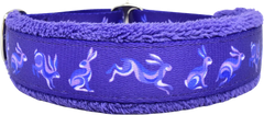 Groovy Rabbits purple ribbon with white leaping rabbits fleece-lined martingale-style limited slip dog collar.