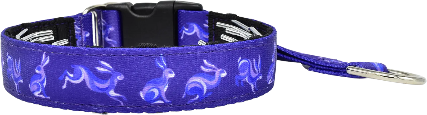 Groovy Rabbits purple ribbon with white leaping rabbits hidden prong / private trainer dog collar by Fuzzywumpets.