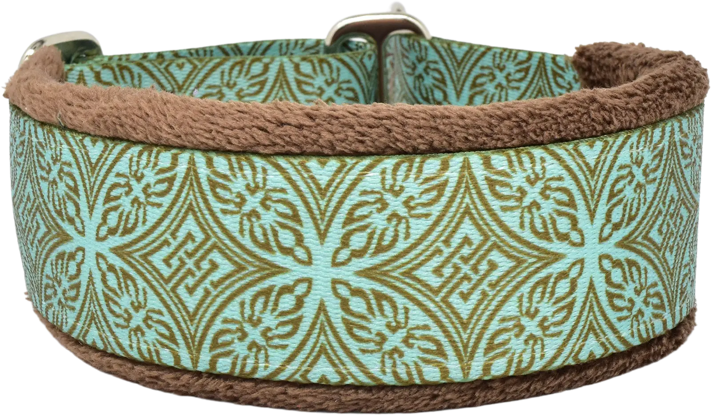 Teal & Chocolate Lattice teal and brown lattice fleece-lined martingale-style limited slip dog collar by Fuzzywumpets.
