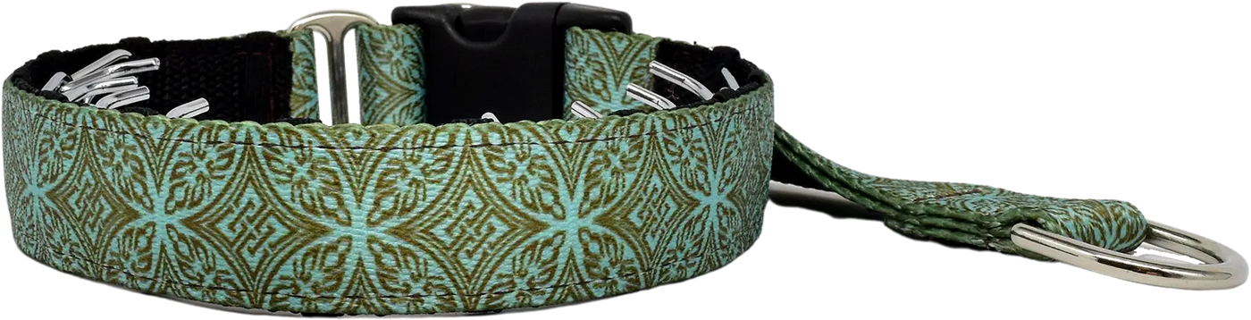 Teal & Chocolate Lattice teal and brown geometric lattice hidden prong / private trainer dog collar by Fuzzywumpets.