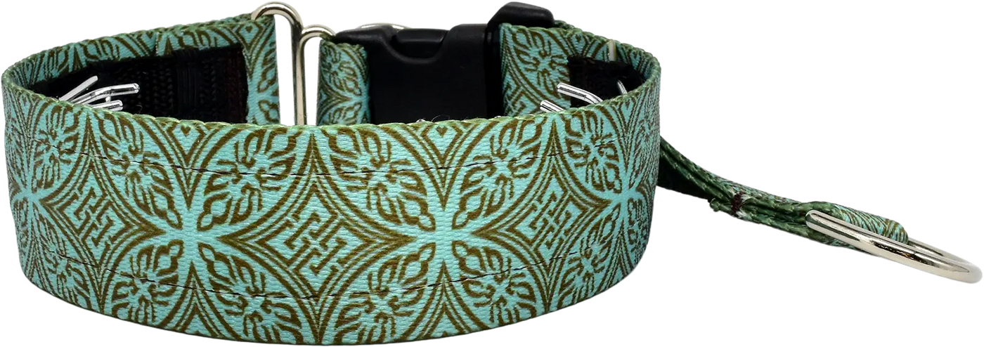 Teal & Chocolate Lattice teal and brown geometric lattice hidden prong / private trainer dog collar by Fuzzywumpets.