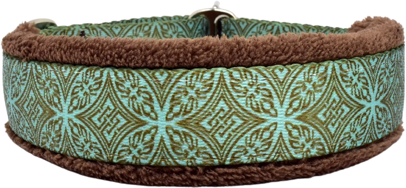 Teal & Chocolate Lattice teal and brown lattice fleece-lined martingale-style limited slip dog collar by Fuzzywumpets.