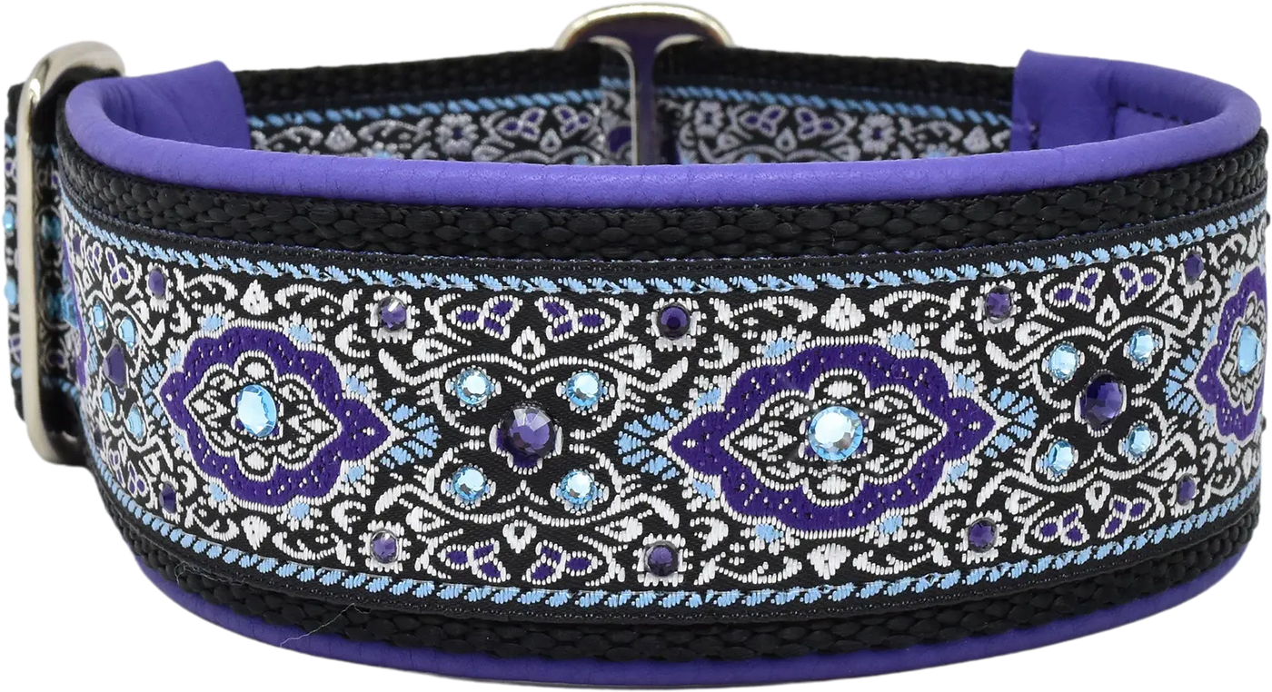 1.5" Purple Bulgaria Luxe Limited Slip Collar for dogs, Violet leather lining, handmade in the USA by Fuzzywumpets.