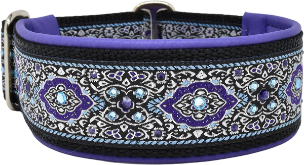 1.5" Purple Bulgaria Luxe Limited Slip Collar for dogs, Violet leather lining, handmade in the USA by Fuzzywumpets.