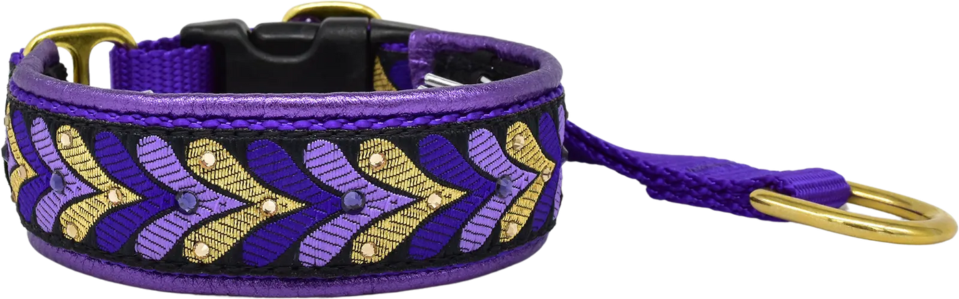 Purple & Gold Honoré purple and gold chevron leaf European-crystal hidden prong collar by Fuzzywumpets.