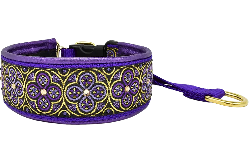 Purple Toulon purple and gold ornate circle-and-cross European-crystal hidden prong collar by Fuzzywumpets.