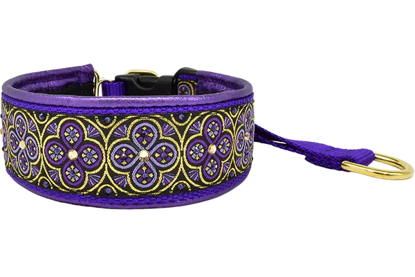 Purple Toulon purple and gold ornate circle-and-cross European-crystal hidden prong collar by Fuzzywumpets.