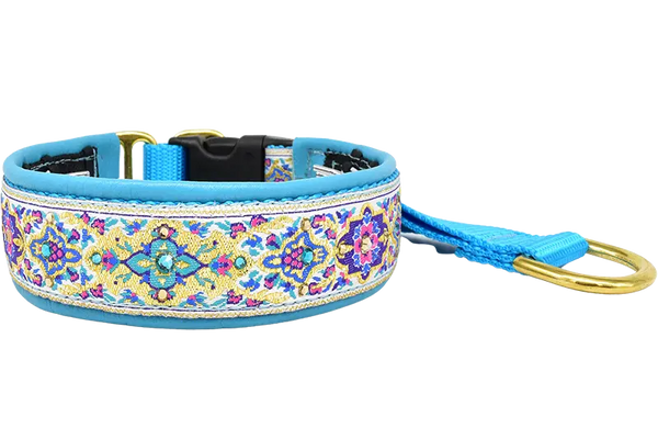 Turquoise Verona white, gold, blue, and pink medallion European-crystal hidden prong collar by Fuzzywumpets.