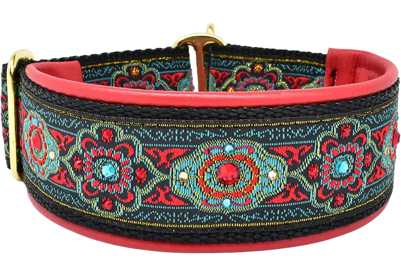 1.5" Ruby Bijoux Luxe Limited Slip Collar for dogs, Bright Red leather lining, handmade in the USA by Fuzzywumpets.