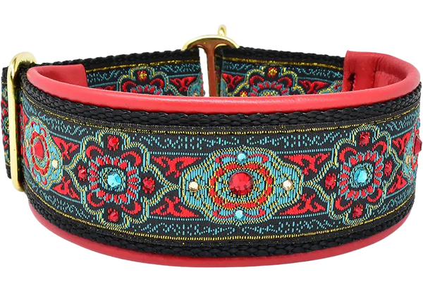 1.5" Ruby Bijoux Luxe Limited Slip Collar for dogs, Bright Red leather lining, handmade in the USA by Fuzzywumpets.