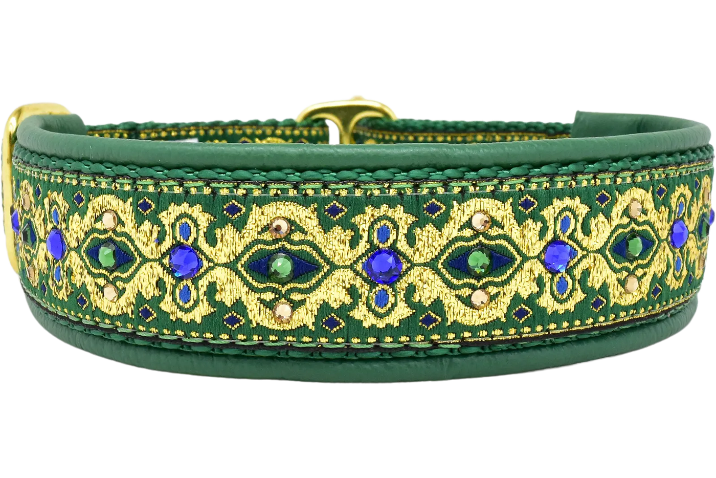 Gilded in Green green and gold baroque European-crystal limited slip dog collar by Fuzzywumpets.