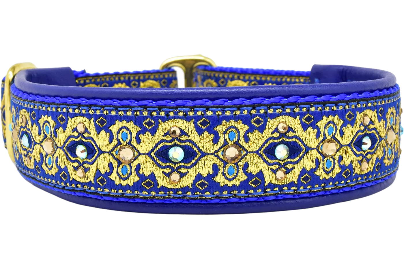 Gilded in Blue royal blue and gold baroque European-crystal limited slip dog collar by Fuzzywumpets.