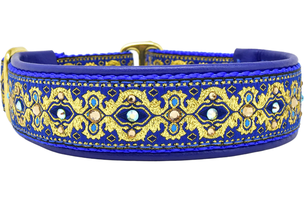 Gilded in Blue royal blue and gold baroque European-crystal limited slip dog collar by Fuzzywumpets.