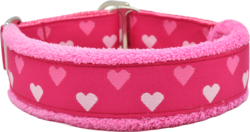 Love You Fur-ever hot pink with light pink hearts fleece-lined martingale-style limited slip dog collar by Fuzzywumpets.