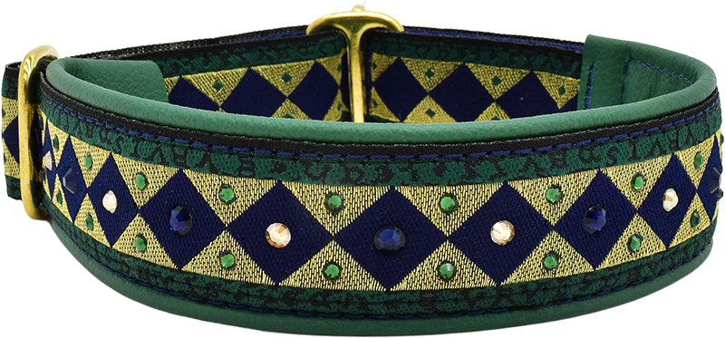 Court Jester green, navy and gold diamond harlequin European-crystal limited slip dog collar by Fuzzywumpets.