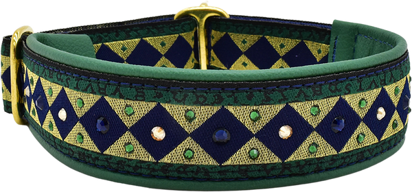Court Jester green, navy and gold diamond harlequin European-crystal limited slip dog collar by Fuzzywumpets.
