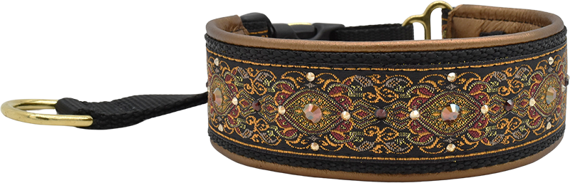 Amadeus black and gold ornate floral brocade European-crystal hidden prong collar by Fuzzywumpets.
