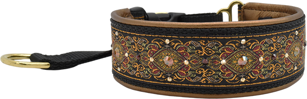 Amadeus black and gold ornate floral brocade European-crystal hidden prong collar by Fuzzywumpets.