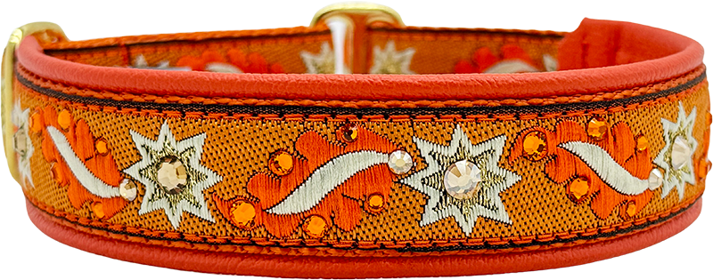 Teela orange and white star motif ribbon European-crystal limited slip dog collar by Fuzzywumpets.