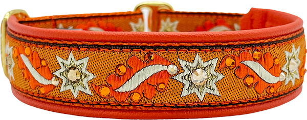 Teela orange and white star motif ribbon European-crystal limited slip dog collar by Fuzzywumpets.