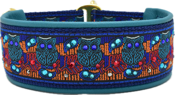 Athena navy and orange owl brocade European-crystal limited slip dog collar by Fuzzywumpets.