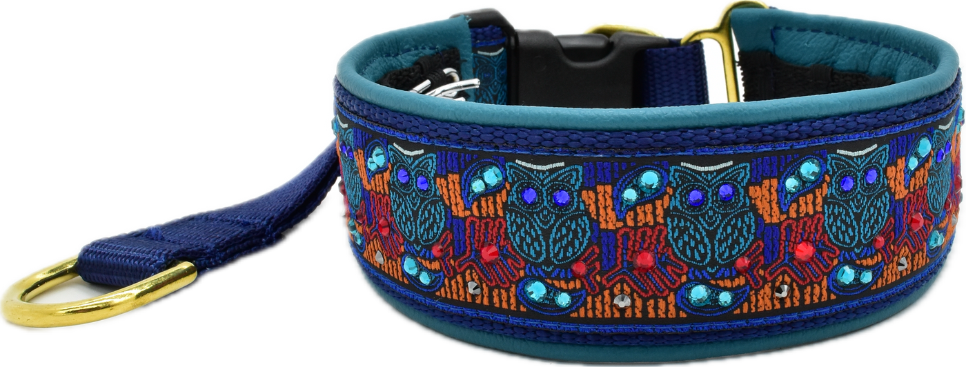 Athena navy and orange owl brocade European-crystal hidden prong collar by Fuzzywumpets.