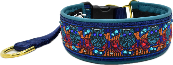 Athena navy and orange owl brocade European-crystal hidden prong collar by Fuzzywumpets.