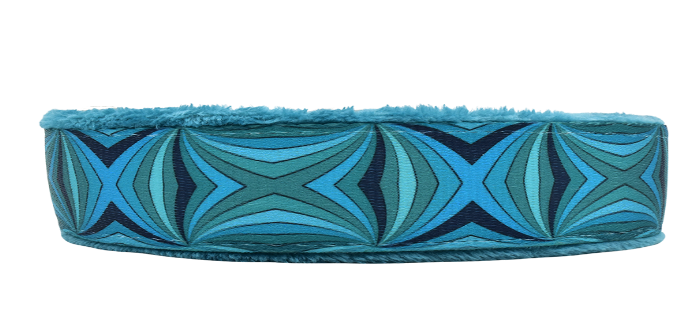 Teal Jesse multi-teal blue diamond wave fleece-lined martingale-style limited slip dog collar by Fuzzywumpets.