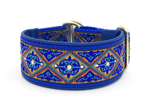 Casablanca blue, gold and teal diamond floral European-crystal limited slip dog collar by Fuzzywumpets.