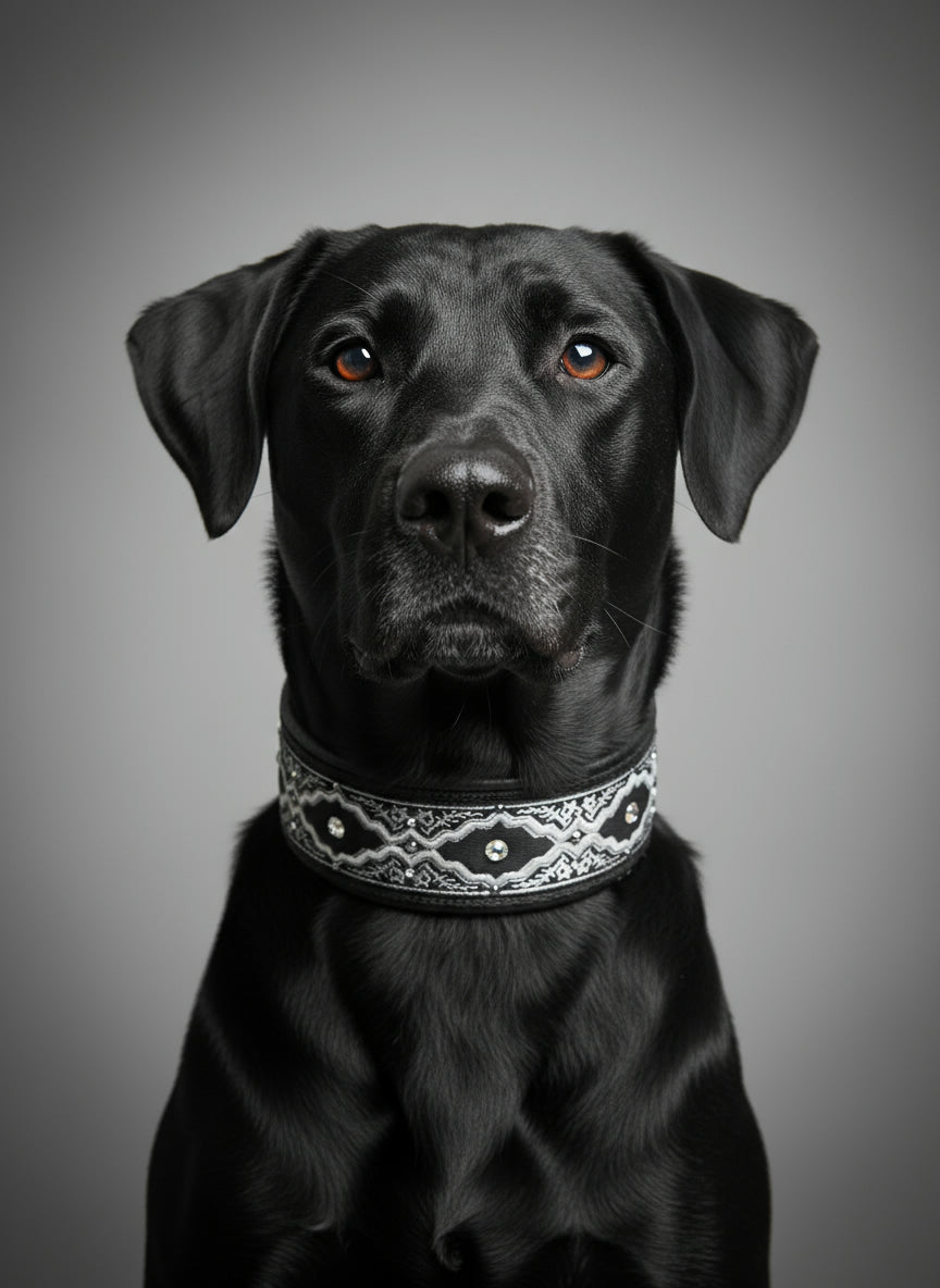 Black lab wearing Fuzzywumpets ornate silver and black limited slip collar, studio portrait