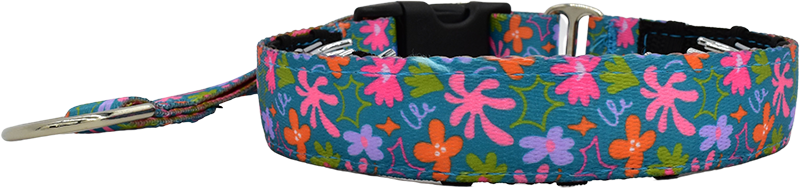 Whimsy teal and pink multicolor floral hidden prong / private trainer dog collar by Fuzzywumpets.
