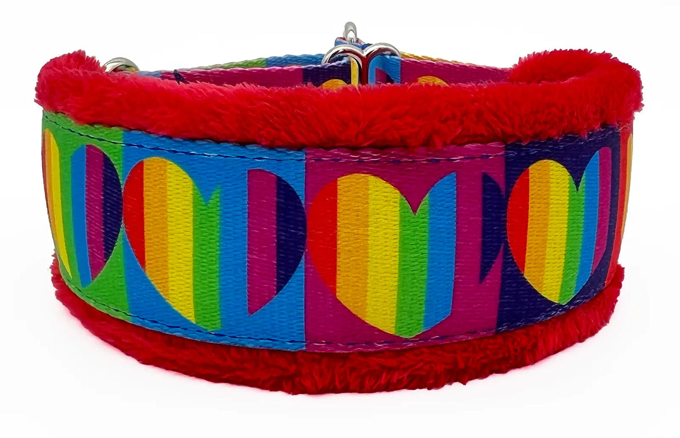 1.5" Rainbow Hearts Everyday Limited Slip Collar for dogs, Red leather lining, handmade in the USA by Fuzzywumpets.