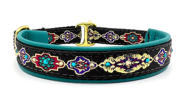 Black Verona black ribbon multicolor ornamental motif European-crystal limited slip dog collar by Fuzzywumpets.
