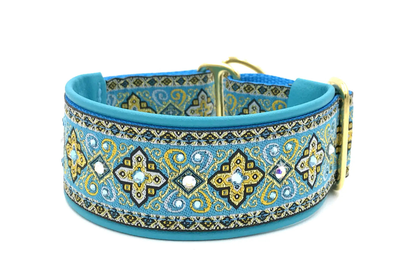 Aqua Croix aqua and gold paisley cross European-crystal limited slip dog collar by Fuzzywumpets.