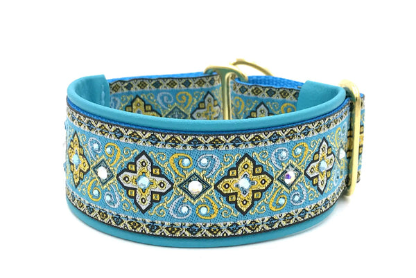 Aqua Croix aqua and gold paisley cross European-crystal limited slip dog collar by Fuzzywumpets.