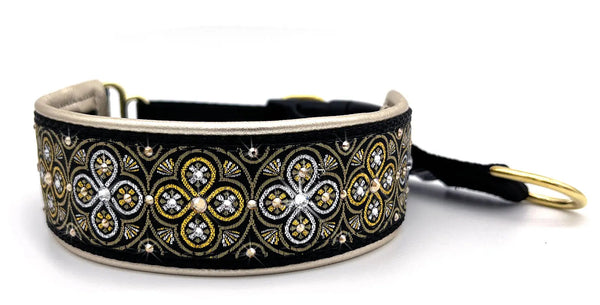 Black & Gold Toulon black, gold and silver fleur medallion European-crystal hidden prong collar by Fuzzywumpets.