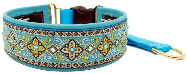 Aqua Croix aqua and gold paisley cross European-crystal hidden prong collar by Fuzzywumpets.