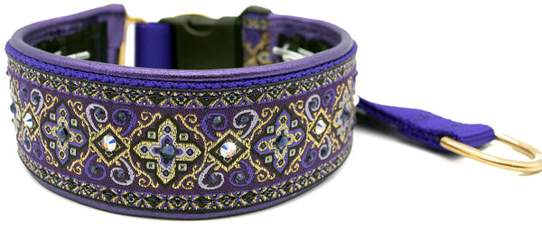 Purple Croix purple and gold ornate floral scroll European-crystal hidden prong collar by Fuzzywumpets.